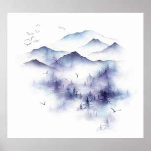 Watercolor mountains, winter landscape illustratio poster