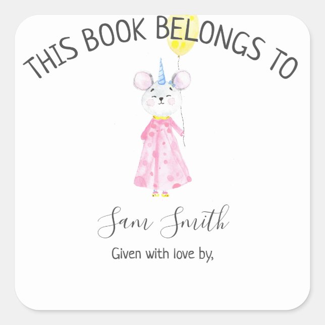 Watercolor mouse - bookplate square sticker (Front)