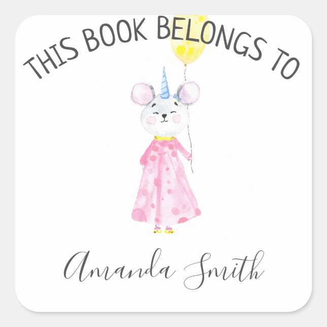 Watercolor mouse - bookplate square sticker (Front)