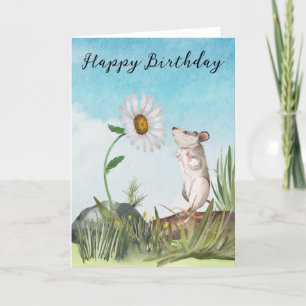 Watercolor Mouse in Field Cottagecore Daisy Holiday Card