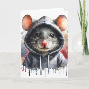 Watercolor Mouse in Grey Hoodie Splash Art Card