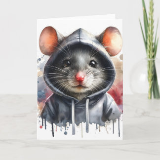 Watercolor Mouse in Grey Hoodie Splash Art  Card