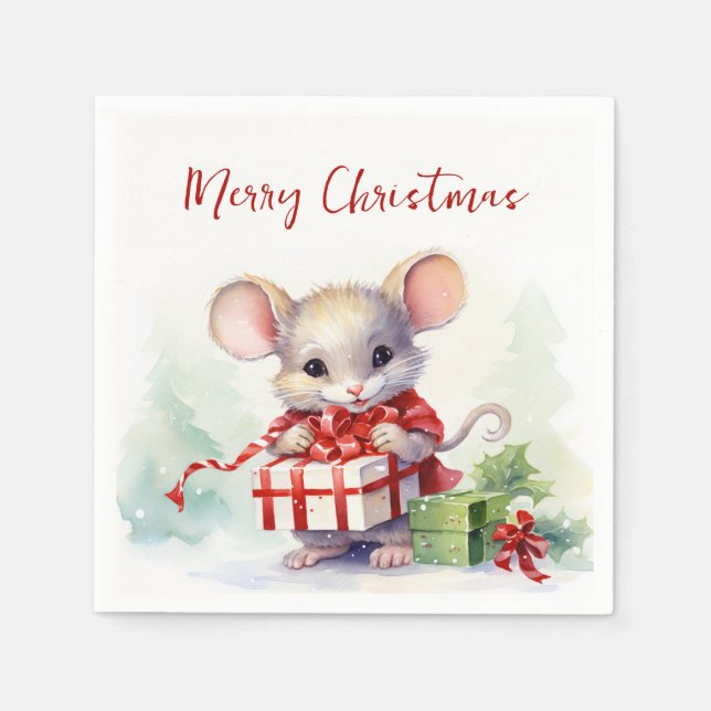 Watercolor Mouse With Christmas Gift Napkin (Front)
