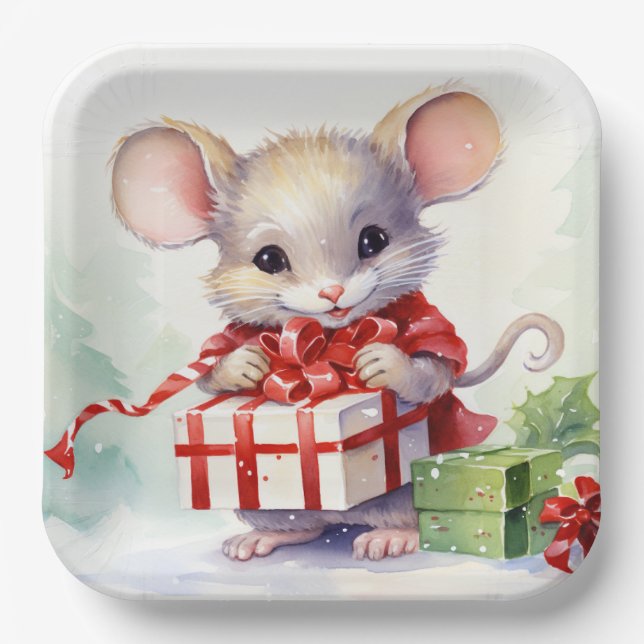 Watercolor Mouse With Christmas Gift Paper Plate (Front)