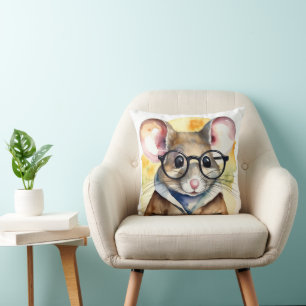 Watercolor Mouse With Eyeglasses Cushion