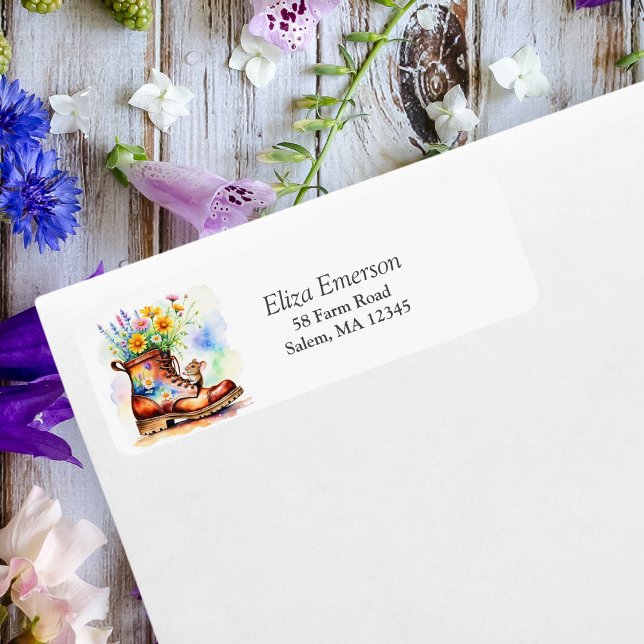 Watercolor Mouse With Wildflower Boot (A lovely country themed return  address label that was created by ai artwork.)