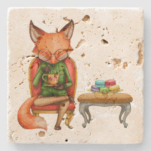 Watercolor Mr. Fox Having Tea and Macaroons Stone Coaster