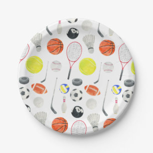 Watercolor Multi Sport Pattern Balls Soccer Tennis Paper Plate