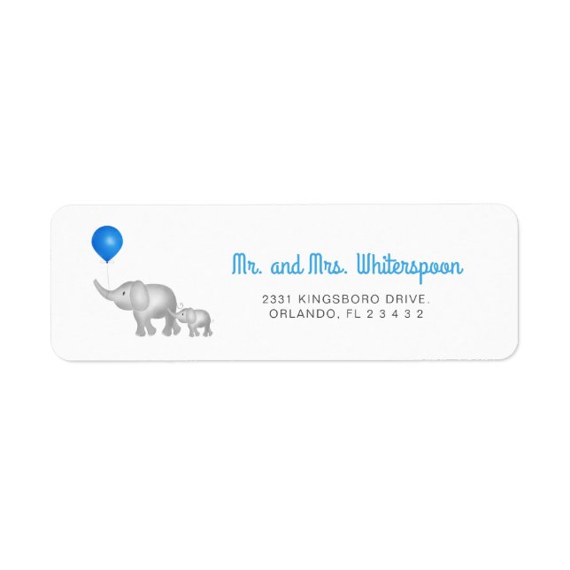Watercolor Mum & Baby Elephants Blue Balloon Label (Front)