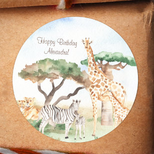 Watercolor Mummy and Baby African Animals Birthday Classic Round Sticker