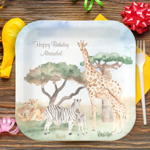 Watercolor Mummy and Baby African Animals Paper Plate
