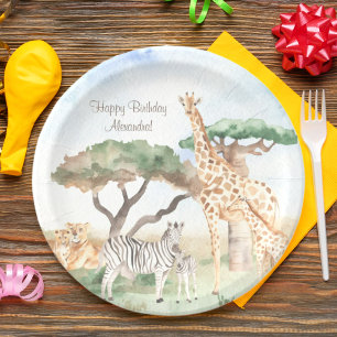 Watercolor Mummy and Baby African Animals Paper Plate