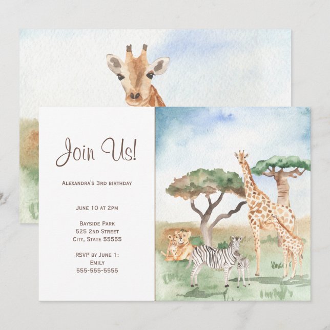 Watercolor Mummy and Baby African Animals Party Invitation (Front/Back)