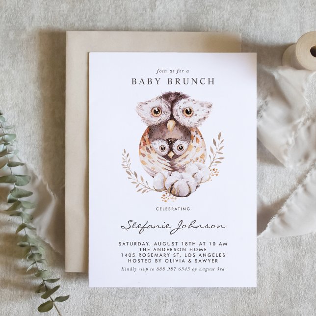 Watercolor Mummy and Baby Owl Fall Baby Brunch Invitation (Woodland theme baby brunch invitation featuring watercolor mommy and baby owl illustration.)