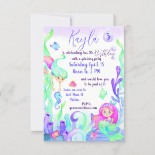 Watercolor murmaids girly birthday party custom invitation