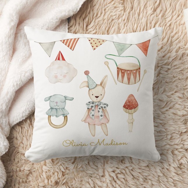 Watercolor Mushroom and Baby Toys Whimsical Cushion (Creator Uploaded)