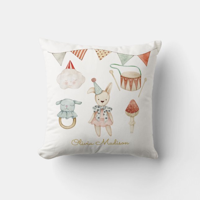 Watercolor Mushroom and Baby Toys Whimsical Cushion (Front)