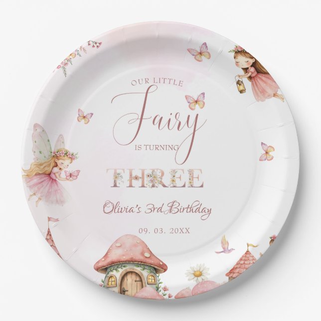 Watercolor Mushroom Fairy 3rd Birthday Forest  Paper Plate (Front)