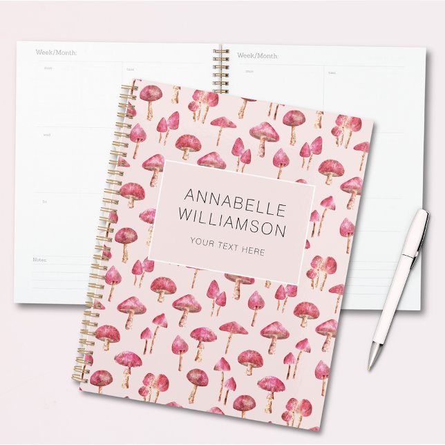 Watercolor mushroom pink pattern planner (Pink mushroom woodland forest customized personal planner)