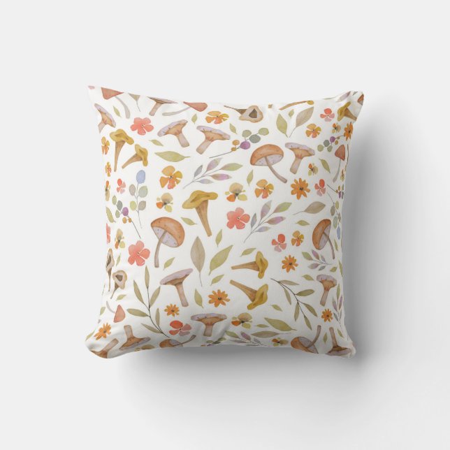 Watercolor Mushrooms and Flowers Cushion (Front)