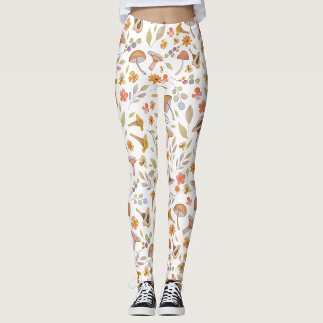 Watercolor Mushrooms and Flowers Leggings (Front)