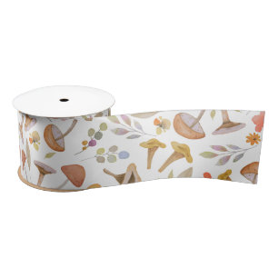 Watercolor Mushrooms and Flowers Satin Ribbon