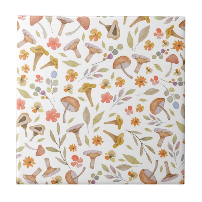 Watercolor Mushrooms and Flowers Tile (Front)