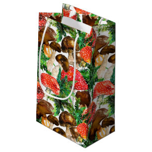 Watercolor  mushrooms and green fern pattern small gift bag