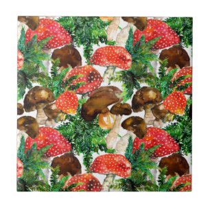 Watercolor  mushrooms and green fern pattern tile