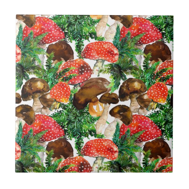 Watercolor  mushrooms and green fern pattern tile (Front)