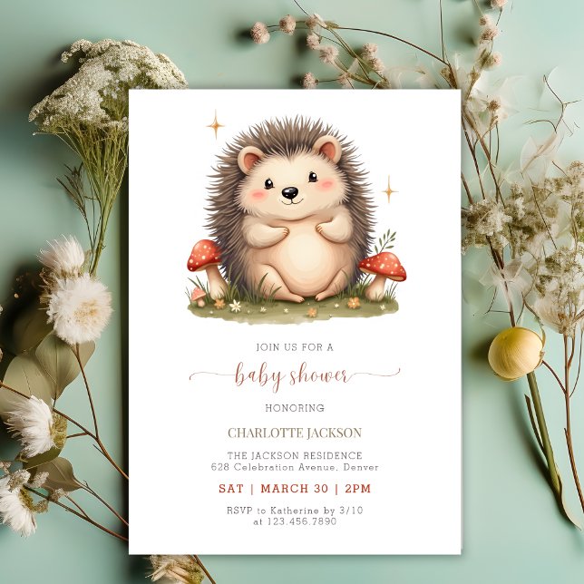 Watercolor Mushrooms Cute Hedgehog Baby Shower Invitation (Watercolor Mushrooms Cute Hedgehog Baby Shower Invitation)