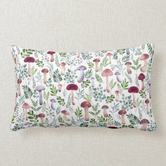 Watercolor mushrooms pattern & botanical leaves lumbar cushion