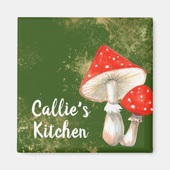 Watercolor Mushrooms Personalised Kitchen Square Magnet (Front)