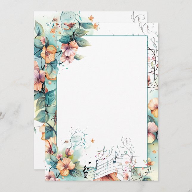Watercolor music notes and flowers invitation (Front/Back)