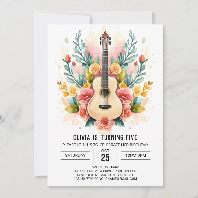 Watercolor Musician's Guitar Birthday Invitation (Front)