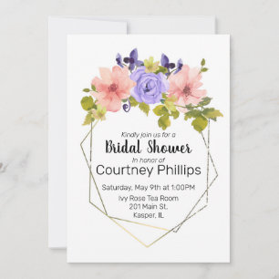 Watercolor Muted Flower Geometric Gold Frame Invitation