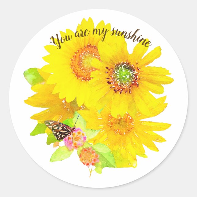 Watercolor My Sunshine Sunflowers and Butterfly Classic Round Sticker (Front)