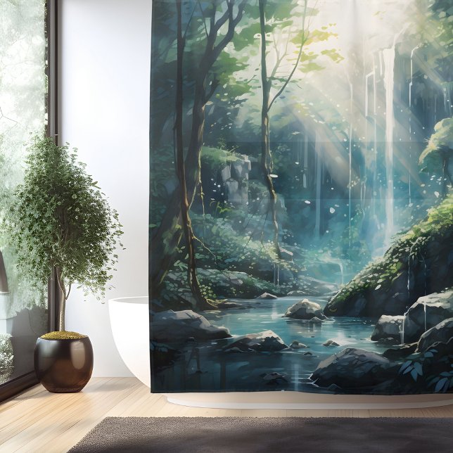 Watercolor Mystic Forest Waterfall Shower Curtain (Creator Uploaded)
