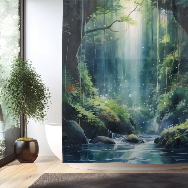 Watercolor Mystic Forest Waterfall Shower Curtain (Creator Uploaded)