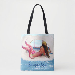 Watercolor Name Beach Mermaid African American Tote Bag