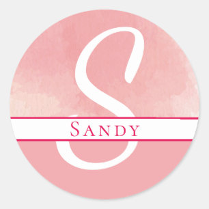 Watercolor Name Monogram Pink Classic Round Sticker