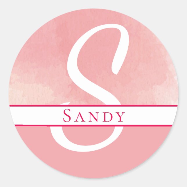 Watercolor Name Monogram Pink Classic Round Sticker (Front)