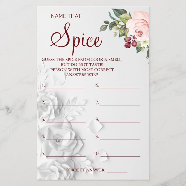 Watercolor Name that Spice Bridal shower game card (Front)