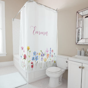 Watercolor Name Wildflower Minimalistic Boho Shower Curtain