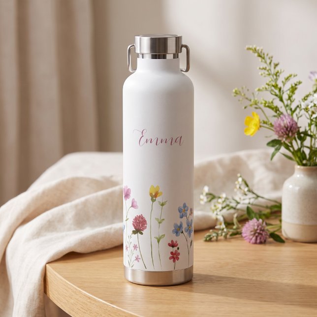 Watercolor Name Wildflower Minimalistic Boho  Water Bottle (Creator Uploaded)