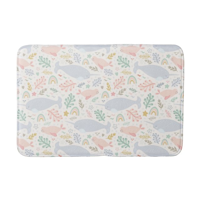 Watercolor Narwhal & Seal Pattern Bath Mat (Front)