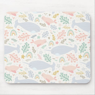 Watercolor Narwhal & Seal Pattern Mouse Pad
