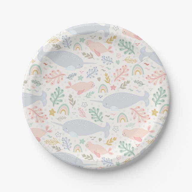 Watercolor Narwhal & Seal Pattern Paper Plate (Front)