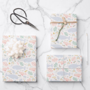 Watercolor Narwhal & Seal Pattern Wrapping Paper Sheet