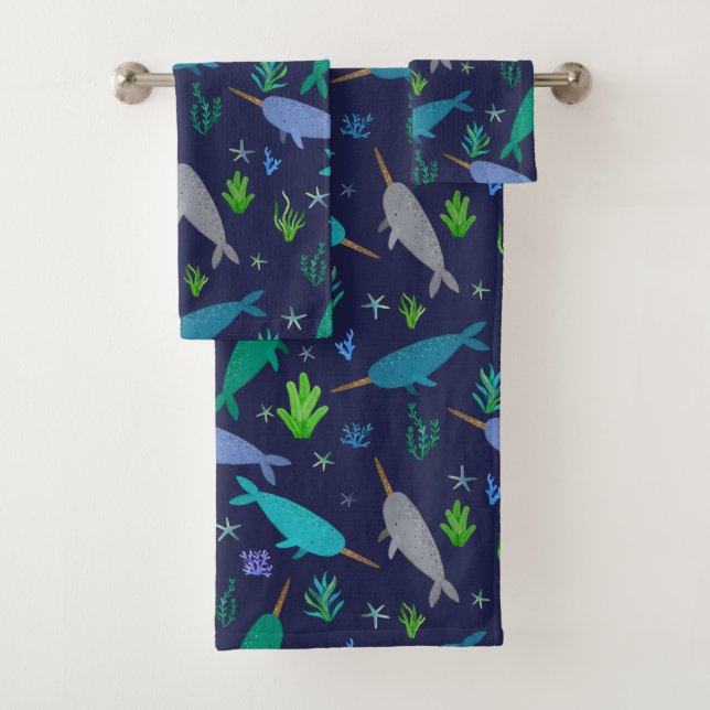 Watercolor Narwhals Under The Sea Gold Bath Towel Set (Insitu)